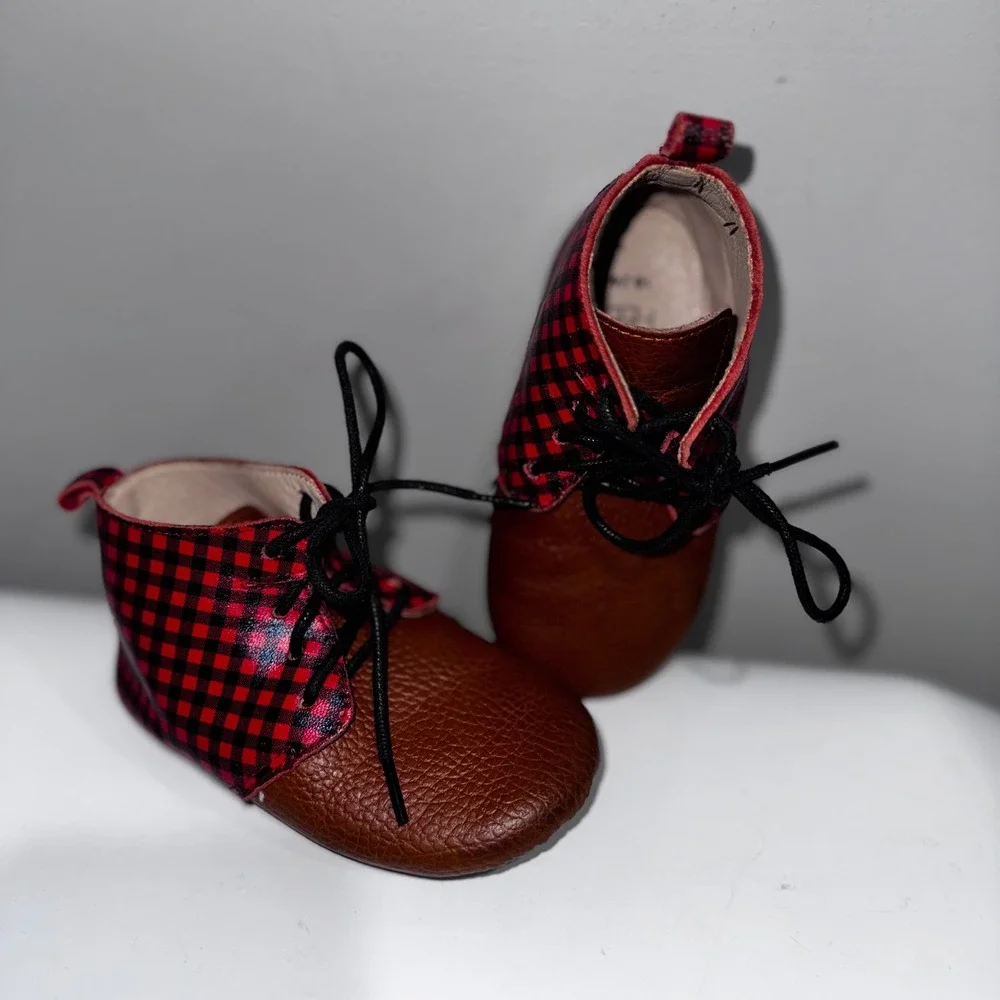 Monkey Feet Baby Boots Buffalo Plaid Leather Lace Up‎ Chukka 18- 24 Month/ Sz 5?